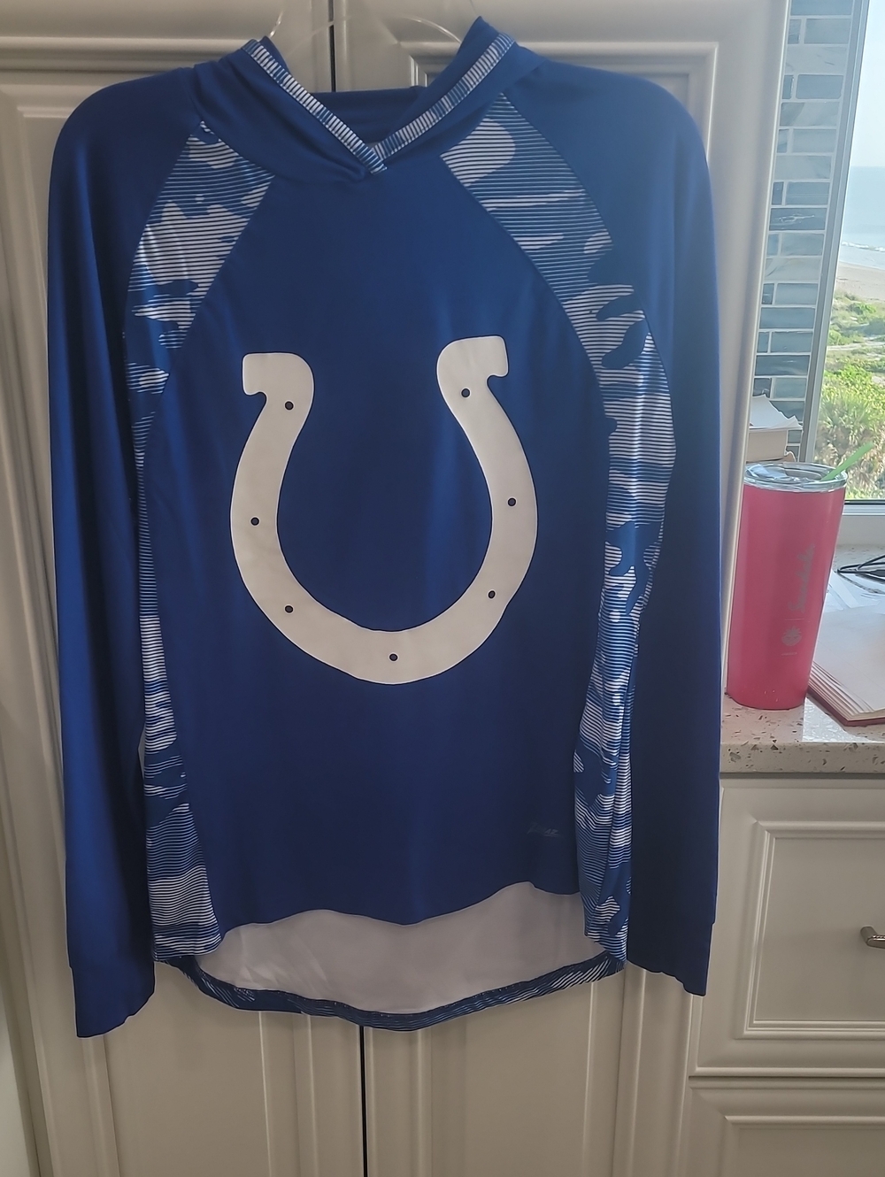 Womens Blue Long-Sleeve Hooded Top with White Colts Graphic -NWOT